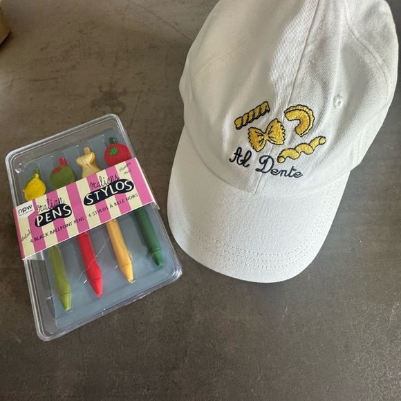 White Al Dente adjustable Cap w/ Embroidered Pasta Design & 4 black ink pen set🍝 - Picture 1 of 14